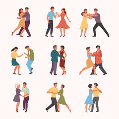 Paired dancing set. Woman with man circle passionate cuban rumba teens rock quickstep stylish male female characters perform incendiary tango guy girl in rhythm salsa. Vector cartoon.