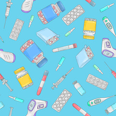 Covid-19 doodle pattern. Coronavirus protection and treatment. Medical equipment background. Thermometer, pills and drugs, suringe, blood test.