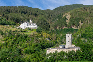 The medieval Prince's Castle and the abbey of Monte Maria in Burgusio, Malles, South Tyrol, Italy