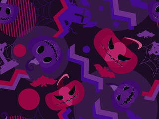 Halloween seamless pattern with scary pumpkins, bats, spider webs and geometric shapes in 80s style. Halloween background for wrapping paper, print, fabric and printing. Vector illustration