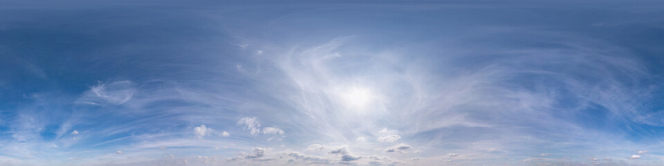 Fototapeta premium Seamless blue sky hdri panorama 360 degrees angle view with beautiful clouds with zenith for use in 3d graphics as sky dome or edit drone shot