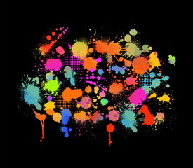 Set Multi-colored spots of paint on a black background. Mixed media. Vector illustration.