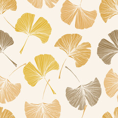 Gingko biloba seamless vector background pattern. Honey mustard color palette