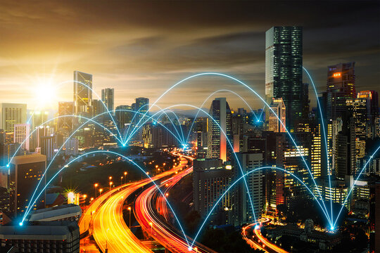 Network connection and technology concept with city skyline background