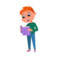 Cute Boy Reading Book while Standing, Preschooler Kid or Elementary School Student Enjoying Literature Cartoon Style Vector Illustration