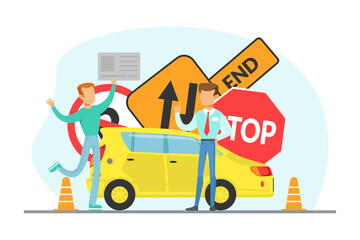 Teacher and Student Learning to Drive, Driving School Concept Cartoon Vector Illustration