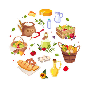 Poster with Healthy Organic Products of Round Shape, Farmers Market, Shop Design Cartoon Vector Illustration