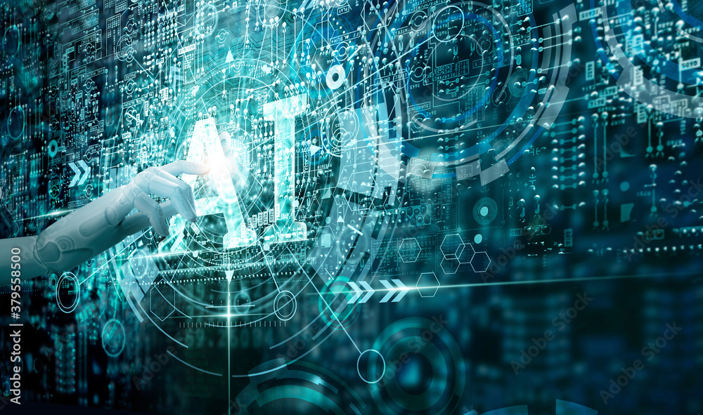 Poster Artificial intelligence and Big data concept, Hand of robot touching and deep learning mind domination on circuit board and binary data digital background, Science and innovative.
