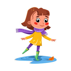 Girl Jumping in Puddles Wearing Rubber Boots and Yellow Raincoat Cartoon Style Vector Illustration