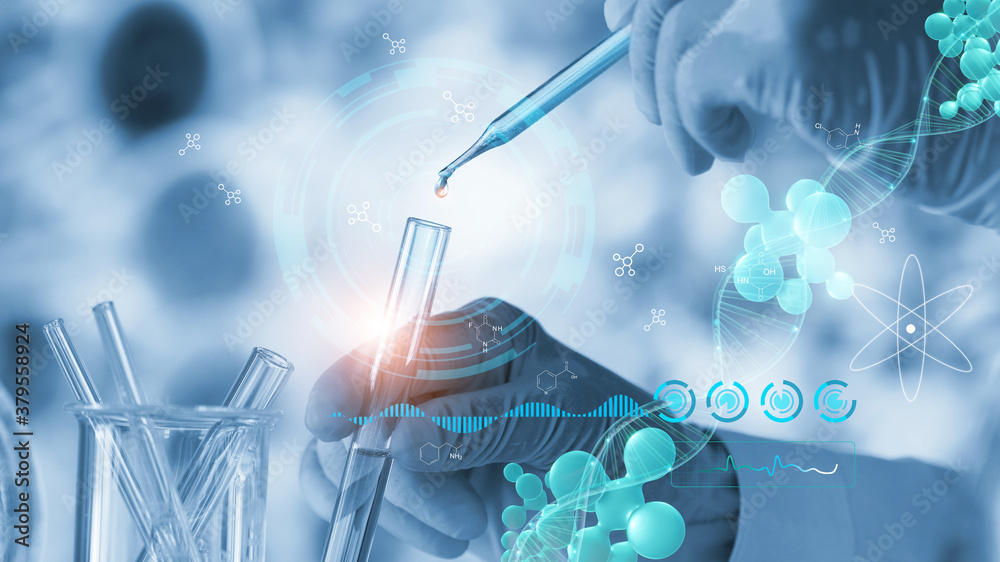 Wall mural science and medicine, scientists are experimenting analyzing with molecule model and dropping a samp