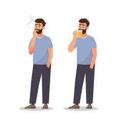 man are smoking cigarette and drink beer.