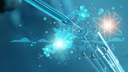 Scientists are experimenting and research with molecule model, DNA, Science background with...