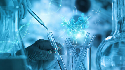 Scientists are experimenting and research with molecule model, DNA, Science background with...