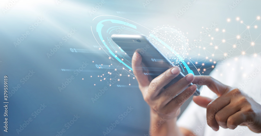 Leinwandbilder Man using mobile smart phone with global network connection, Technology, innovative and communication concept.
