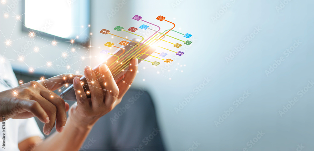Poster Hands using mobile payments, Digital marketing. Banking network. Online shopping and icon customer networking connection on virtual screen, Business technology concept