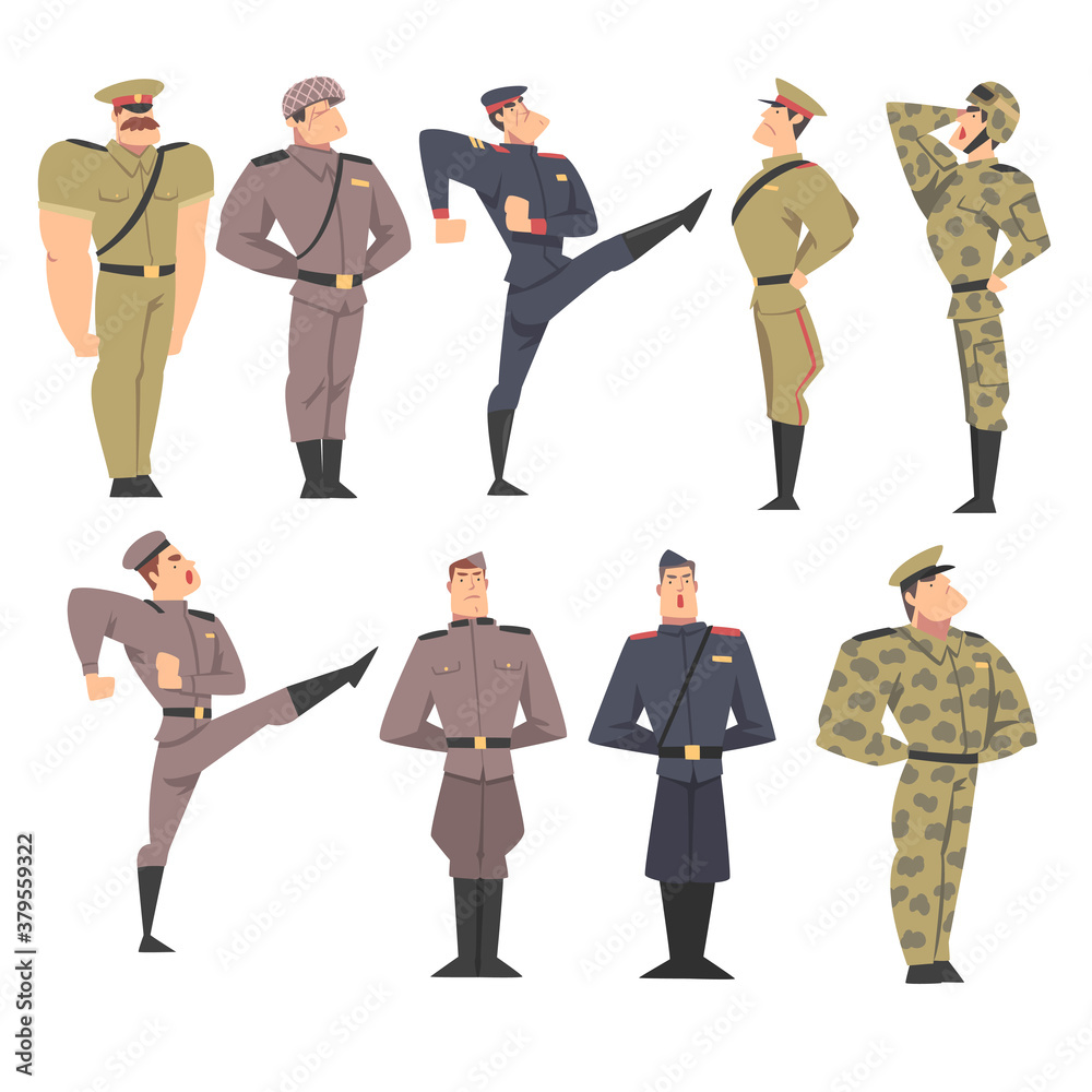 Poster military people set, army soldiers characters dressed in various uniform marching and saluting carto