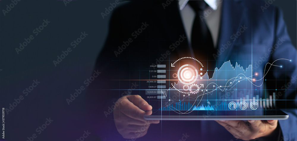 Poster businessman using tablet analyzing sales data and economic growth graph chart. business strategy. ab