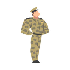 Military Man in Camouflage Uniform, Muscular Army Soldier Character Cartoon Style Vector Illustration