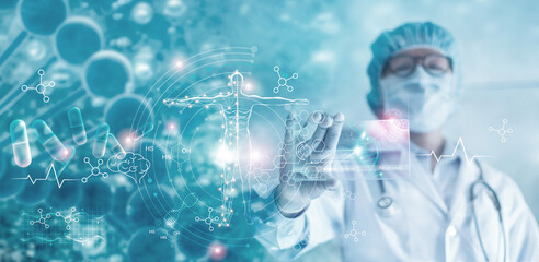 Medicine doctor holding hologram virtual interface electronic medical record. DNA. Analysis digital...
