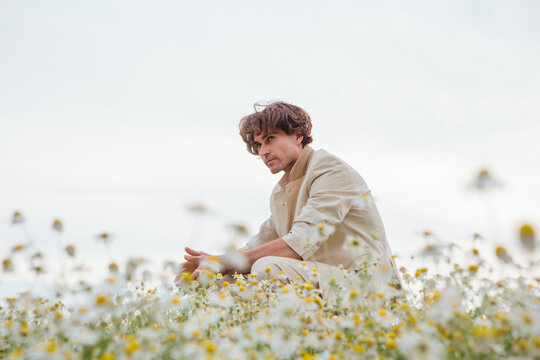 Tall Handsome Man Sitting On A Back Of A Chair In Camomile Flowers Field