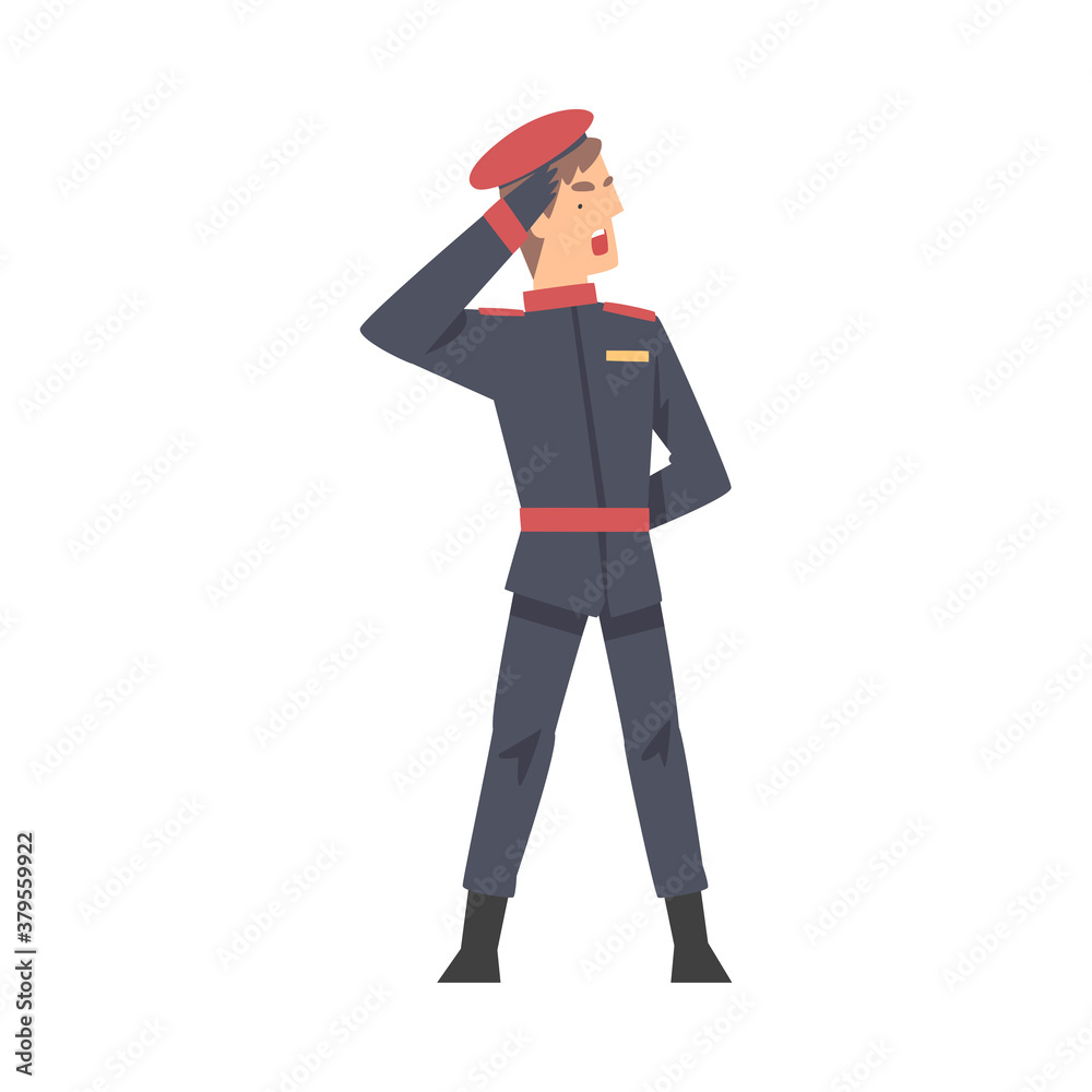 Poster army soldier saluting, infantry military man character in blue uniform and cap cartoon style vector 