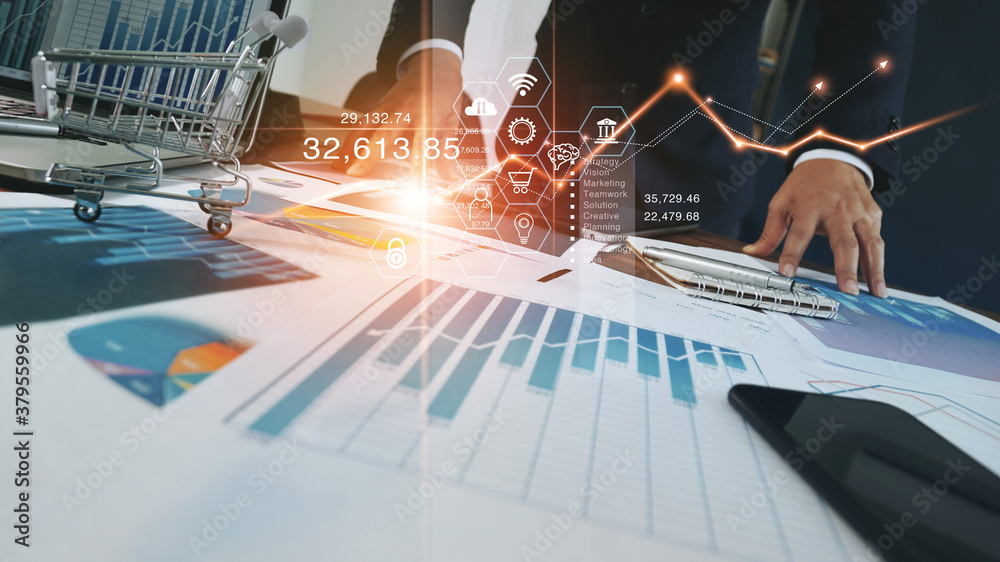 Poster Businessman standing in office analyzing sales data and economic growth graph financial, solution analysis and development contents on table and global network connection interface background.
