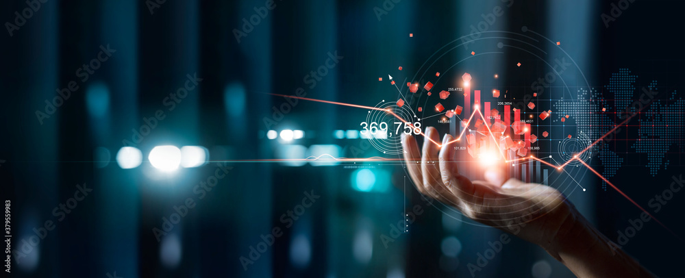 Poster Businessman holding graph growth of business and block chain technology and data analysis on global network on dark blue background.