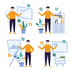 a collection of flat illustrations for business, company, brand identity, corporate. people are studying, working, painting, talking. clean, simple, modern, mature