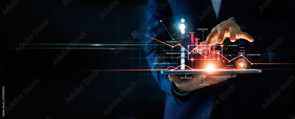 Poster Digital online marketing, Businessman using tablet and analysis sale data graph growth on modern interface icons on strategy, Solution analysis and development contents onglobal network connection.