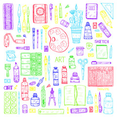 Set of cute hand drawn art tools including pencils; pens; watercolor; eraser; pastel; brush; and others. Vector hand drawn art collection