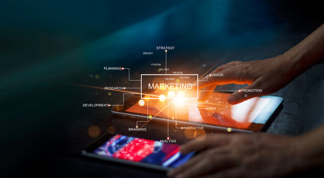  Digital marketing network connection concept. Businessman hand working on digital tablet with graphical user interface icons on strategy, solution analysis and development contents.