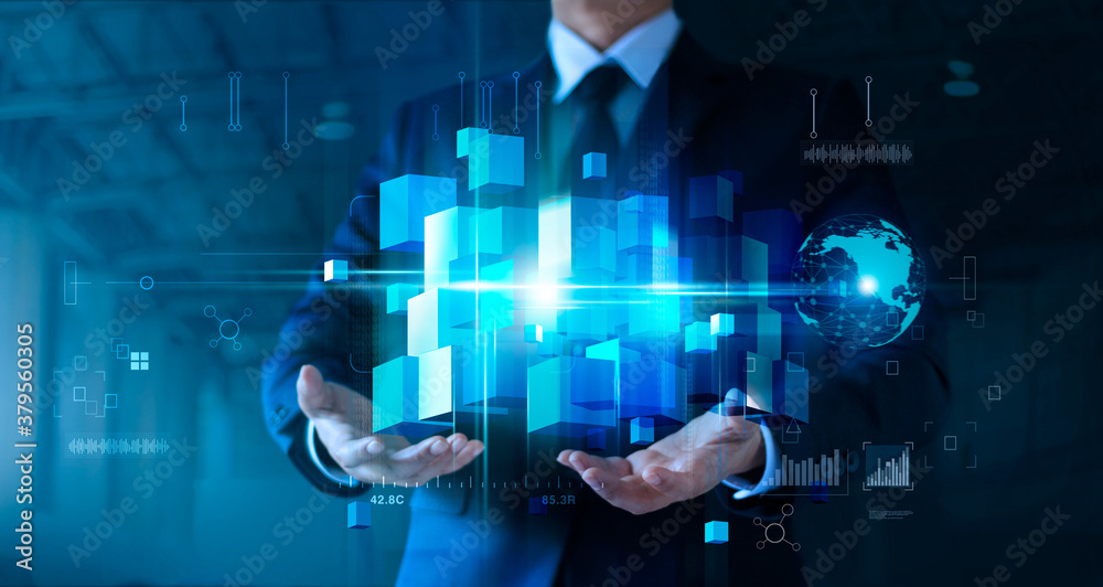 Aufkleber businessman holding blue cube box network connection on big data and block chain technology, symboli