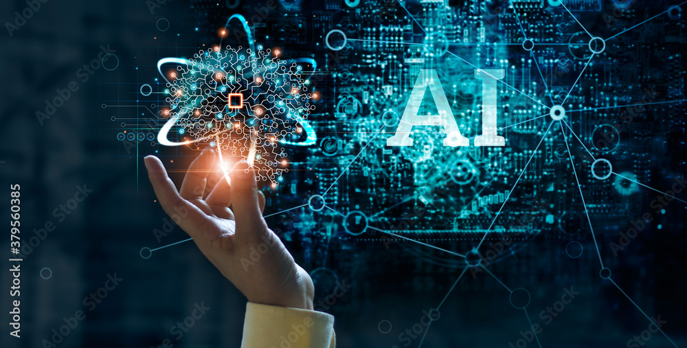 Leinwandbilder Human hand holding a neural network brain of AI on learning analysis information and processing big data on circuit board background, Innovation, Futuristic concept for artificial intelligence.