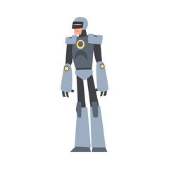 Fototapeta premium Man in Gray Robot Costume, Cyborg or Superhero Character, Carnival Party or Masquerade Cartoon Style Vector Illustration