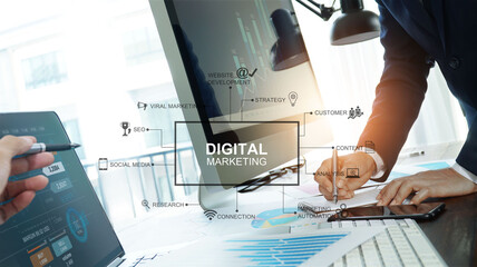 Digital marketing, Business team writing information and analysis sale data and graph growth, Banking, Strategy and planning of business on network connection, Solution analyzing and development 