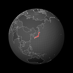 Dark globe centered to Japan. Country highlighted with red color on world map. Satellite world projection. Neat vector illustration.