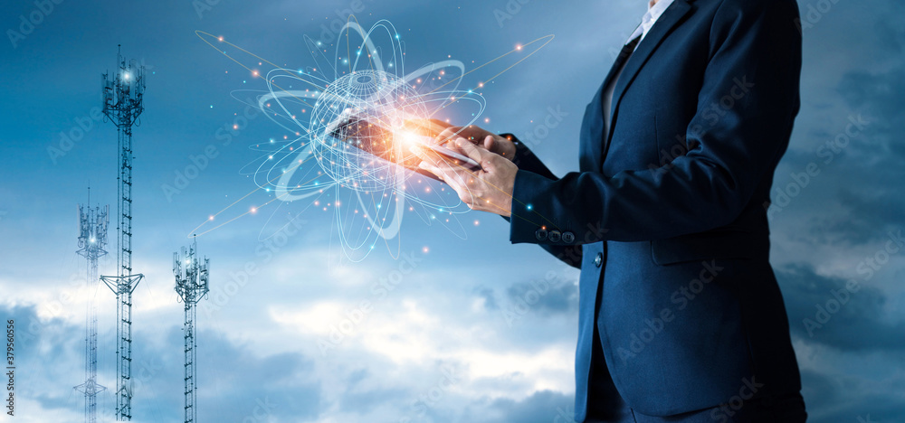 Poster Businessman using tablet connect on global structure networking and data exchanges customer connection, Technology innovative business and worldwide communication network connection.
