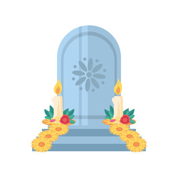 Mexican day of dead male grave with candles and flowers detailed style icon vector design