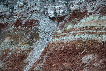 textures of various clay layers underground in  clay quarry after  geological study of  soil. colored layers of clay and stone in  section of  earth, different rock formations and soil layers.
