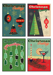Christmas Greetings Postcard Set, 1950s Noel Greeting Cards style, Christmas Decorations, Tree, Snowflakes