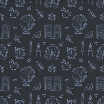 Seamless pattern with cute hand drawn educational tools including pencil, globe and others. Vector hand drawn back to school collection