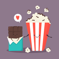 Popcorn and chocolate bar. Sweet friends. Vector illustration