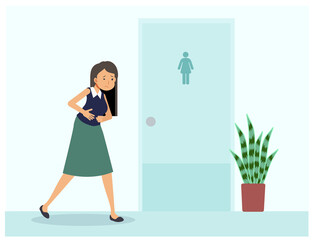 A woman have stomach ache is standing in front of toilet. A woman need to use toilet but the room is not available. Vector flat cartoon character illustration.