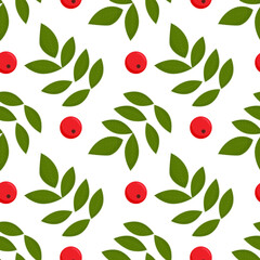 Fototapeta na wymiar Seamless colorful autumn pattern with rowan berries and green leaves. Floral rowan illustration for print.