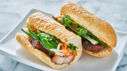 vietnamese bahn mi sandwich with pork belly - obrazy, fototapety, plakaty
