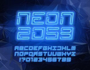 Neon 2059 alphabet font. Neon letters, numbers and symbols. Abstract background. Futuristic vector typeface for your typography design.