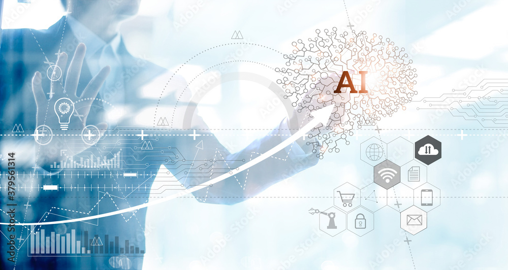 Poster Businessman draw a network of brain Artificial Intelligence (AI) and chart of business on big data technology on virtual interface, Innovative and futuristic marketing, iot and  Industry 4.0.