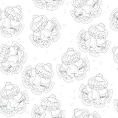 Cute little cartoon animal in winter clothes in snow making snow angels seamless pattern. Vector illustration in black and white for games, background, pattern, decor. Coloring paper, page, story book