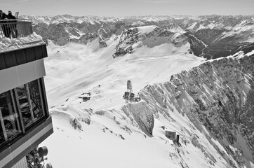 Breathtaking scenic landscape Alpine mountain range view from observation platform on top of...
