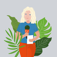Journalist talks about the news in real time. Blonde girl holds at microphone in her hands and broadcasts from the scene. Contemporary reportage. Cartoon vector illustration in modern style.